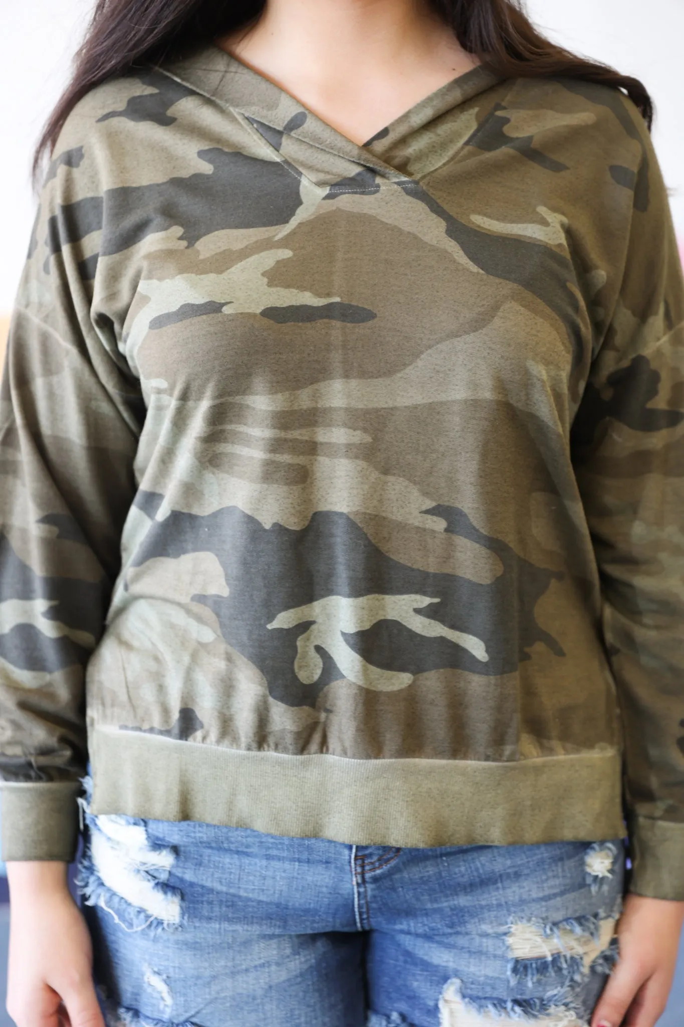 Long Sleeve Hooded Top In Stone Camo