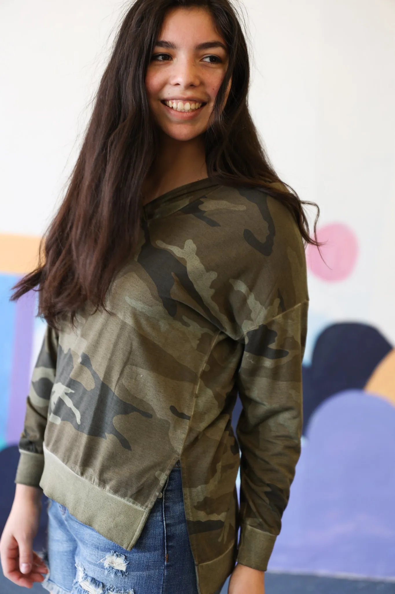 Long Sleeve Hooded Top In Stone Camo