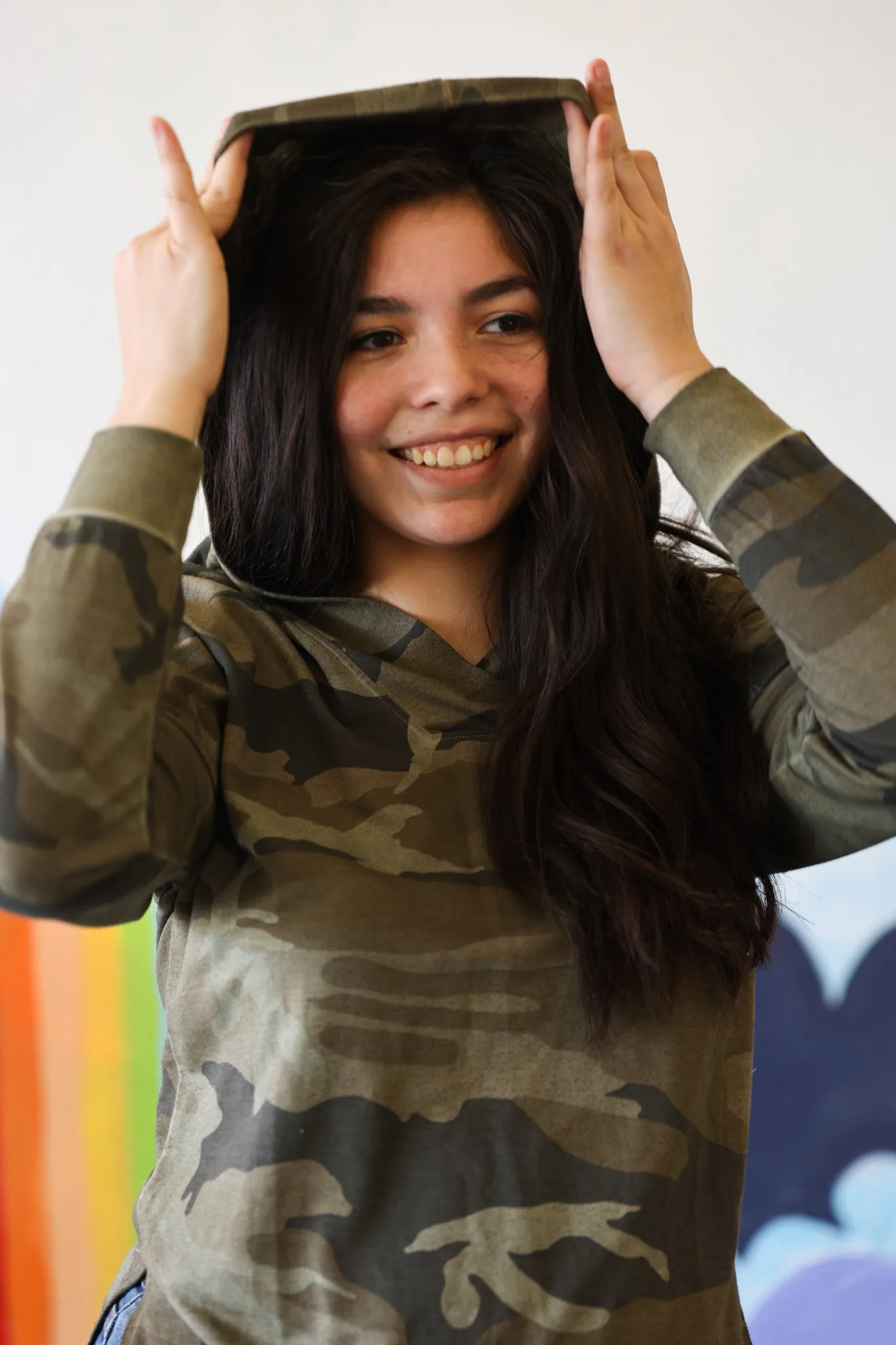 Long Sleeve Hooded Top In Stone Camo