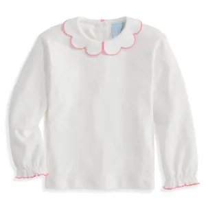 Long Sleeve Pima Scallop Collar Tee -- Ivory w/ Flamingo