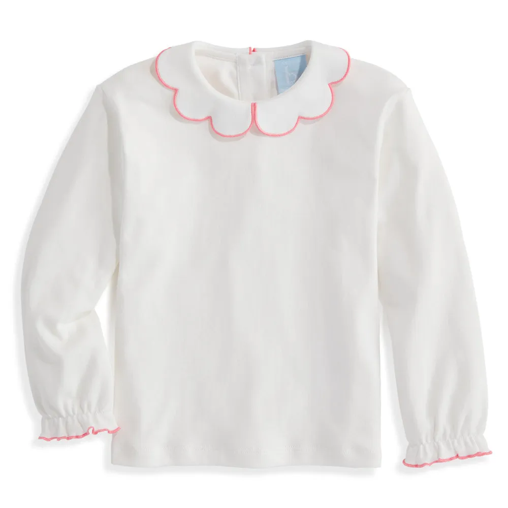 Long Sleeve Pima Scallop Collar Tee -- Ivory w/ Flamingo