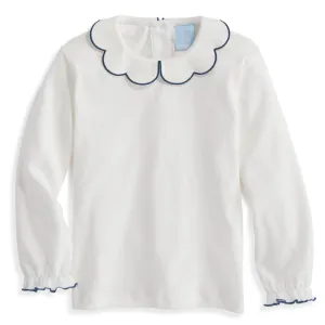 Long Sleeve Pima Scallop Collar Tee -- Ivory w/ Navy