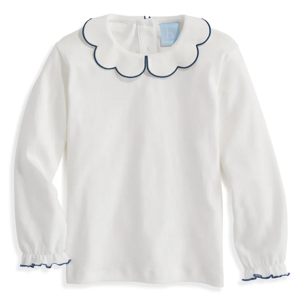 Long Sleeve Pima Scallop Collar Tee -- Ivory w/ Navy