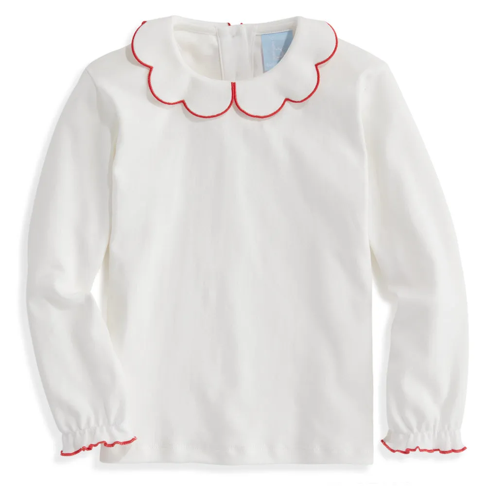 Long Sleeve Pima Scallop Collar Tee -- Ivory w/ Red