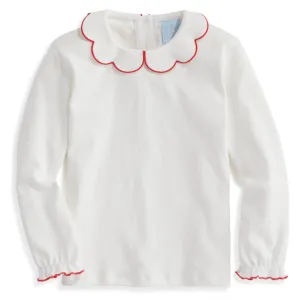 Long Sleeve Pima Scallop Collar Tee -- Ivory w/ Red