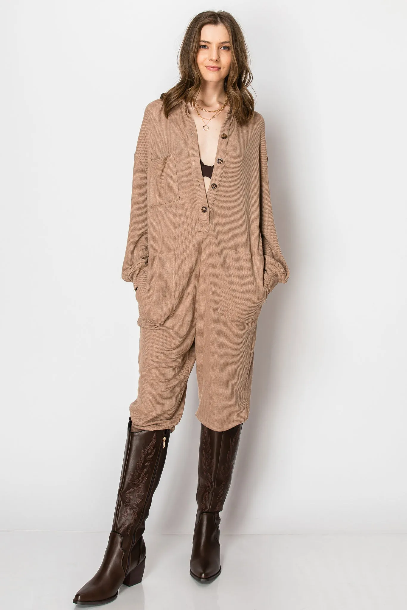 LONG SLEEVE WAFFLE KNIT BUTTON DOWN ONESIE WITH POCKETS