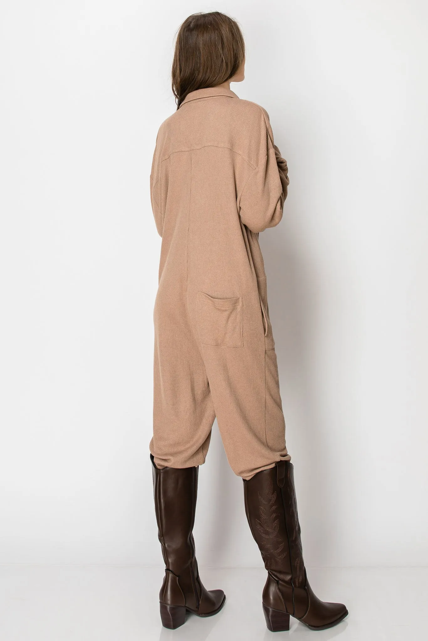 LONG SLEEVE WAFFLE KNIT BUTTON DOWN ONESIE WITH POCKETS