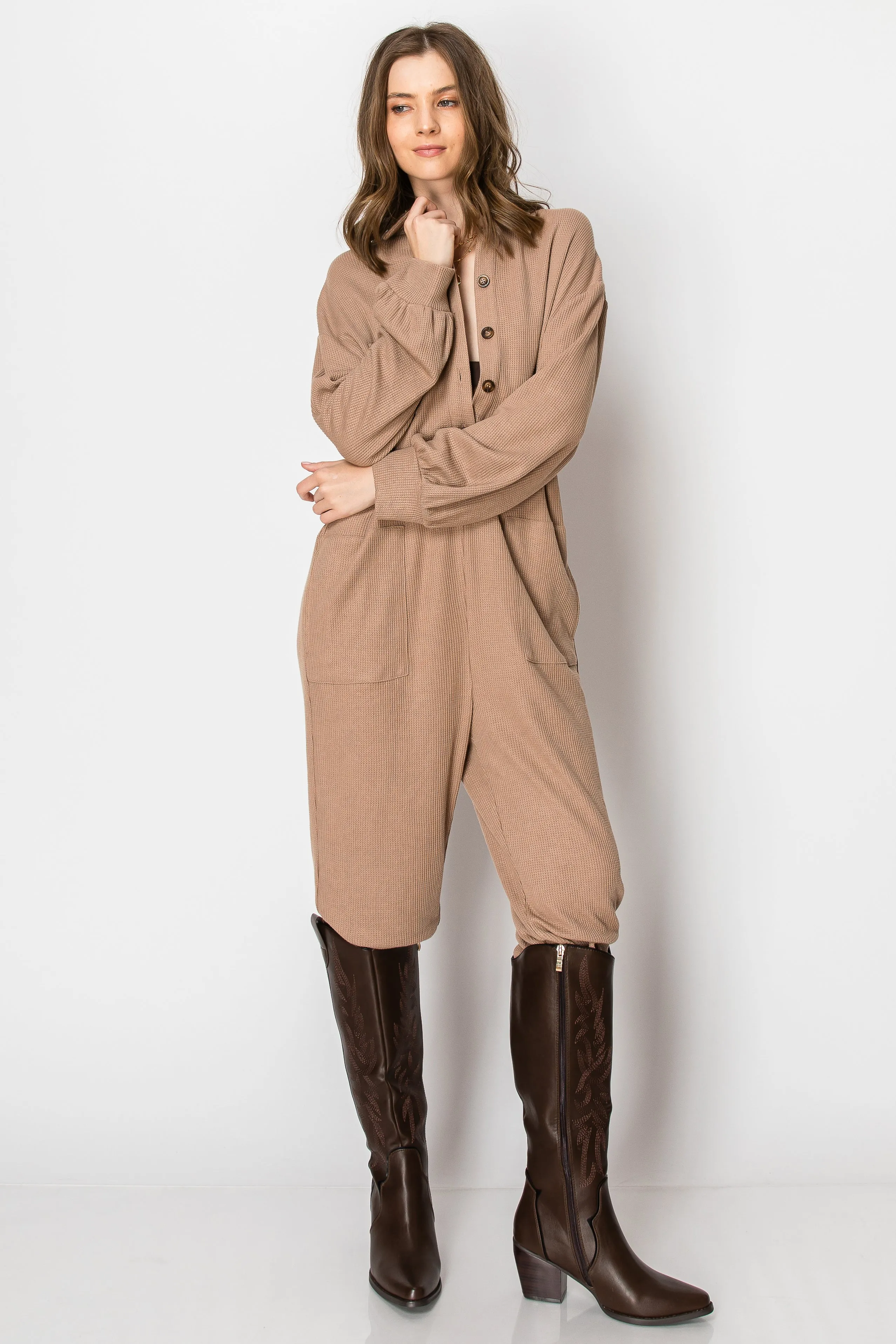 LONG SLEEVE WAFFLE KNIT BUTTON DOWN ONESIE WITH POCKETS