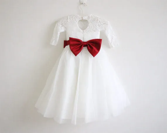 Long Sleeves Ivory Burgundy Sash Bows Lace Tulle Flower Girl Dresses OK211