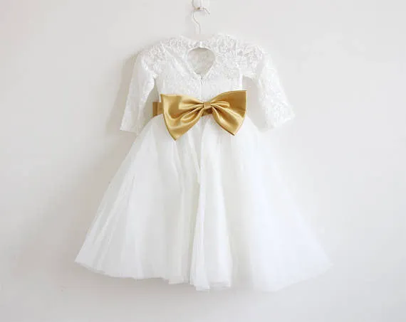 Long Sleeves Light Ivory Lace Tulle Flower Girl Dresses With Silver Sash OK206