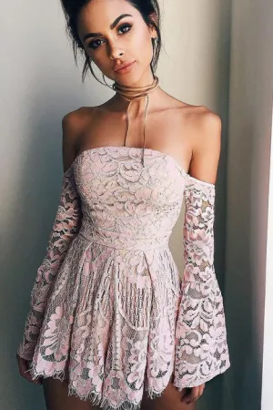 Long Sleeves Off the Shoulder Pink Prom Dresses,Short Blush Pink Modest Homecoming Dress new OK417