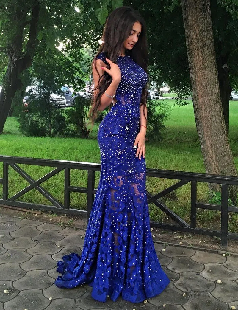 Luxurious Mermaid Jewel Sleeveless Open Back Sweep Train Lace Prom Dress With Beading ,PDY0308