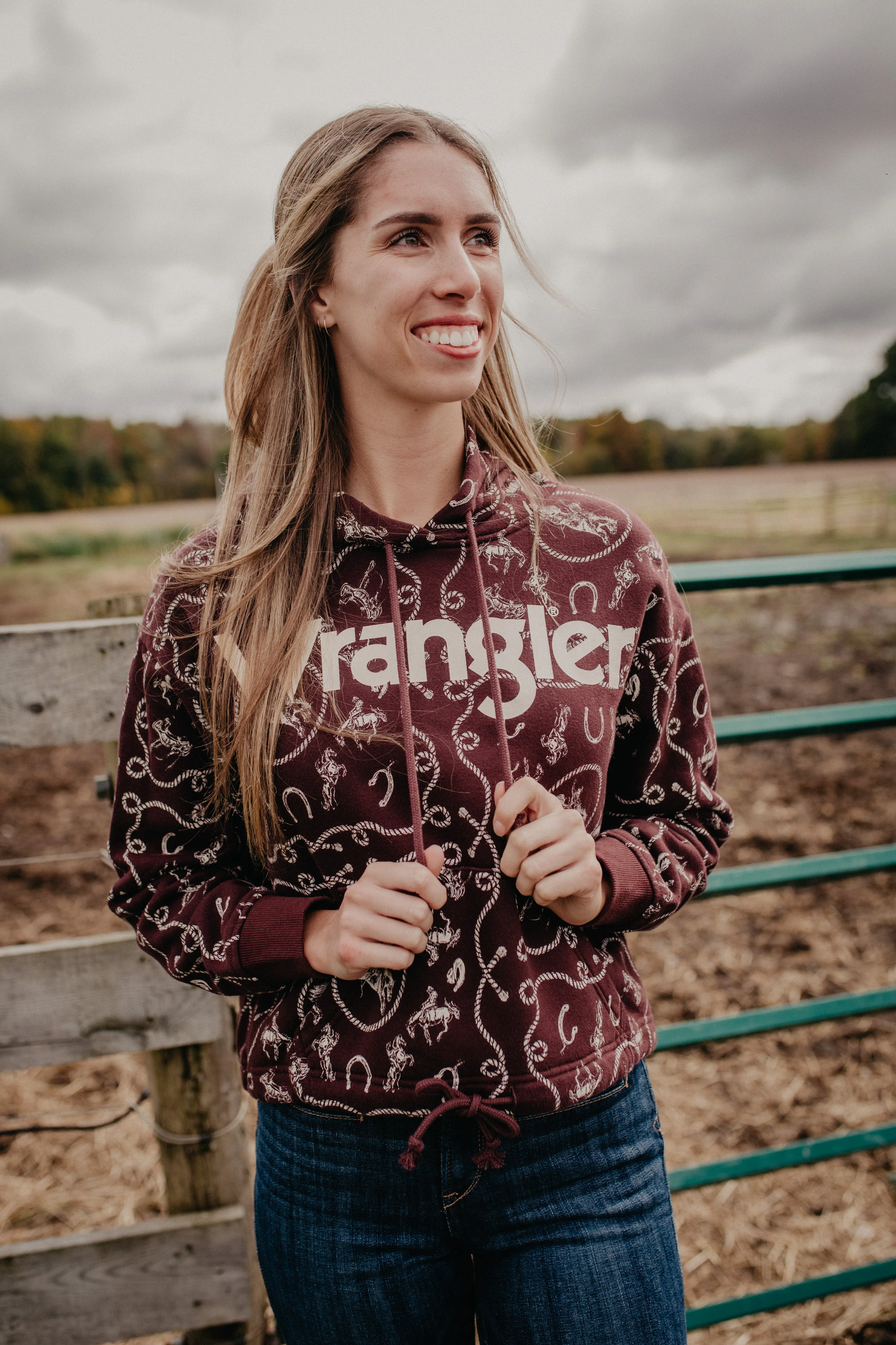 'Mabel' Wrangler Women's Bronc & Rope Printed Plum Hoodie (L ONLY)
