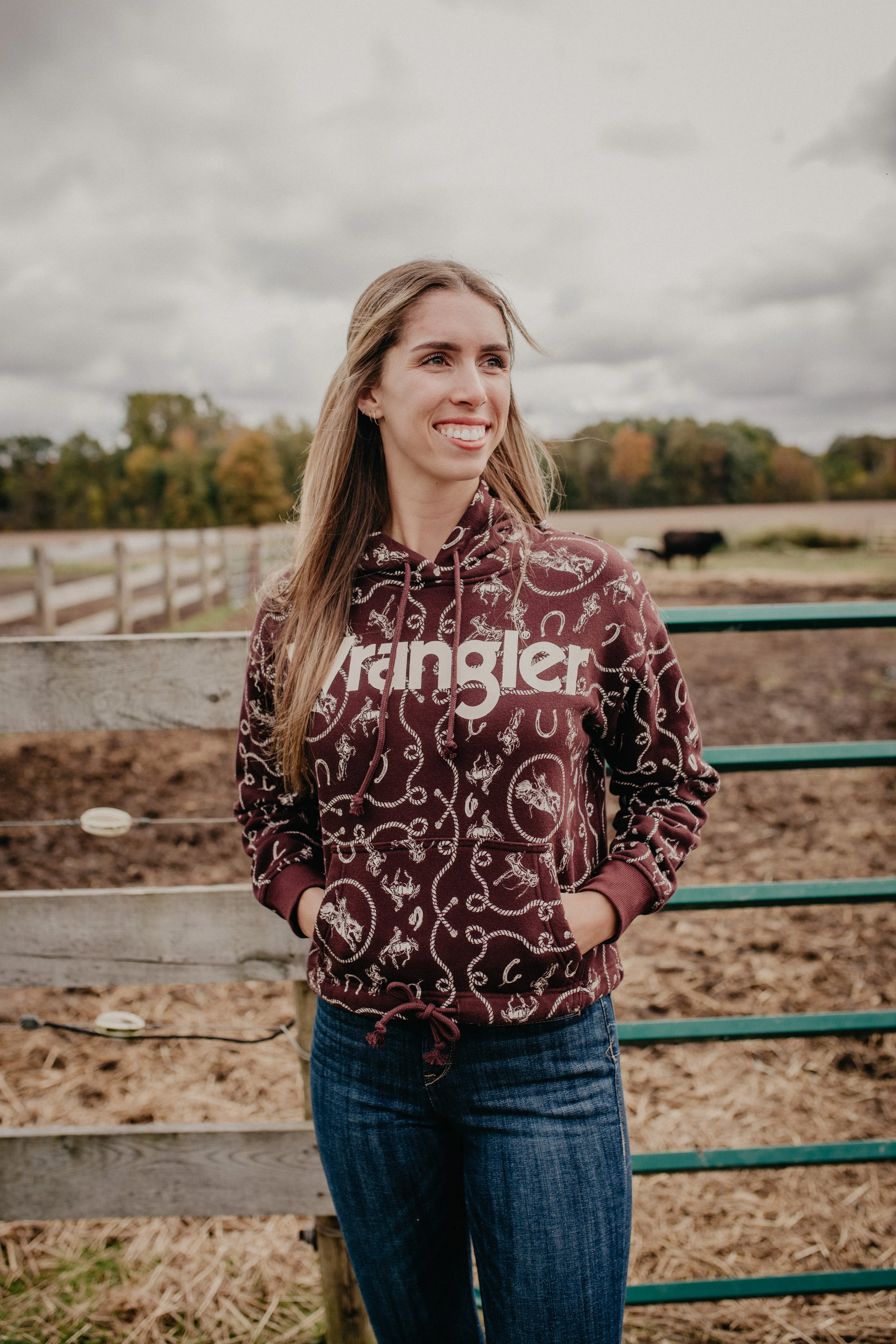 'Mabel' Wrangler Women's Bronc & Rope Printed Plum Hoodie (L ONLY)