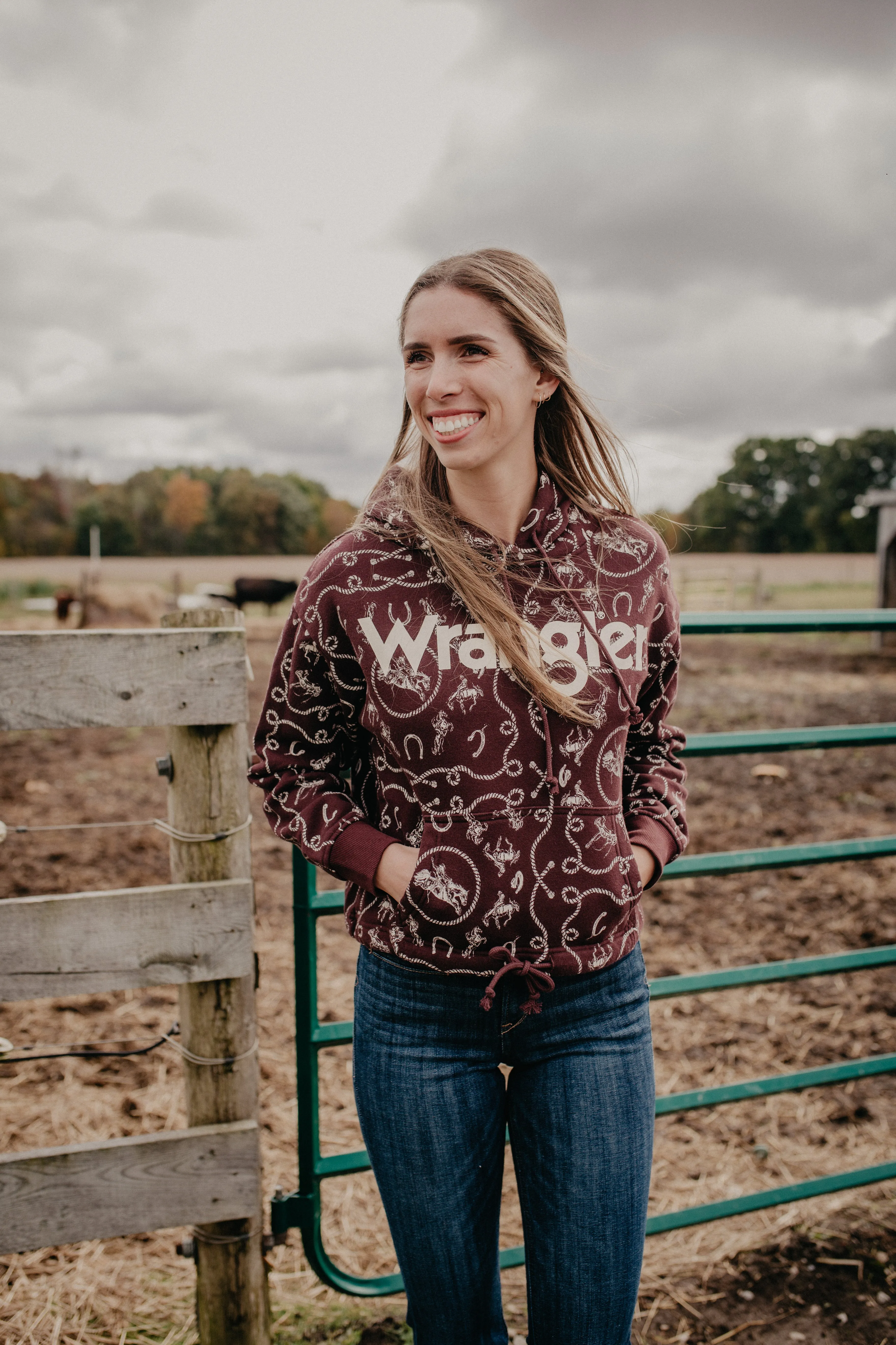 'Mabel' Wrangler Women's Bronc & Rope Printed Plum Hoodie (L ONLY)