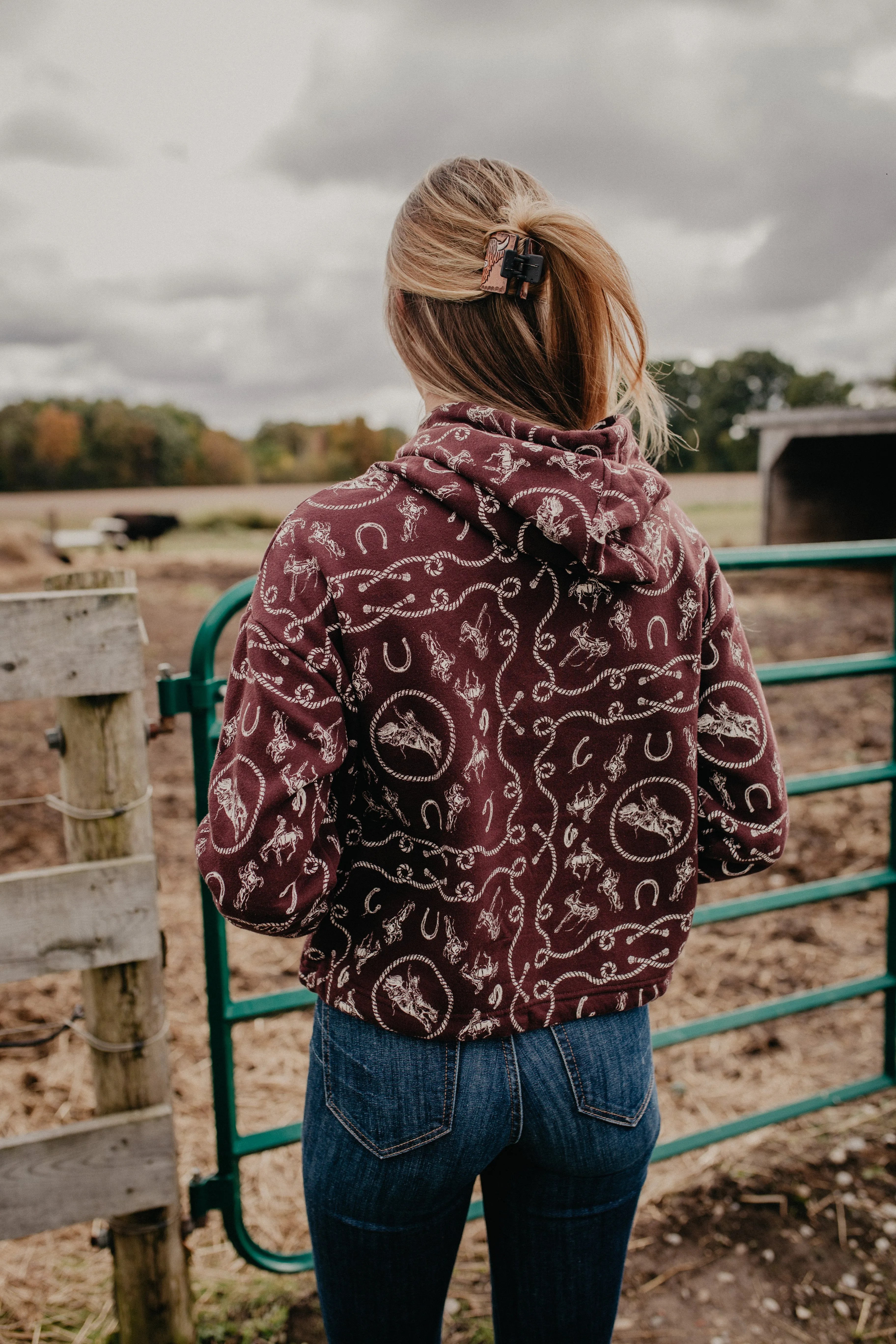 'Mabel' Wrangler Women's Bronc & Rope Printed Plum Hoodie (L ONLY)