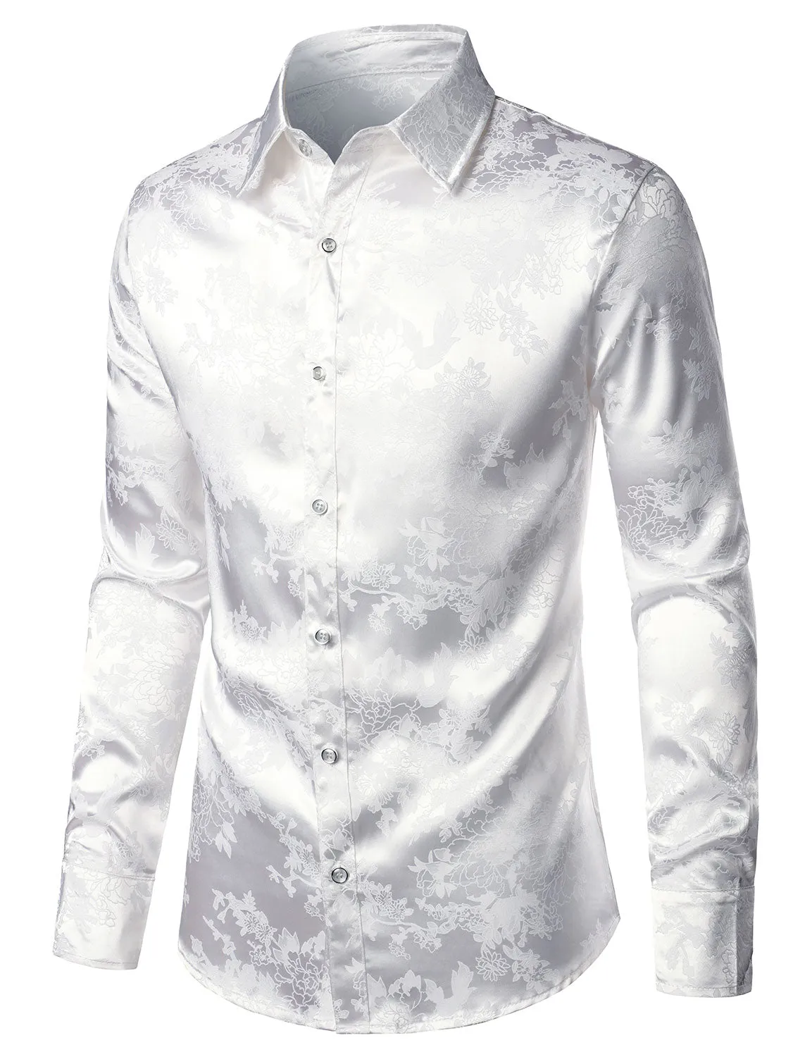 Men's Floral Jacquard Shiny Satin White Long Sleeve Button Up Dress Shirt