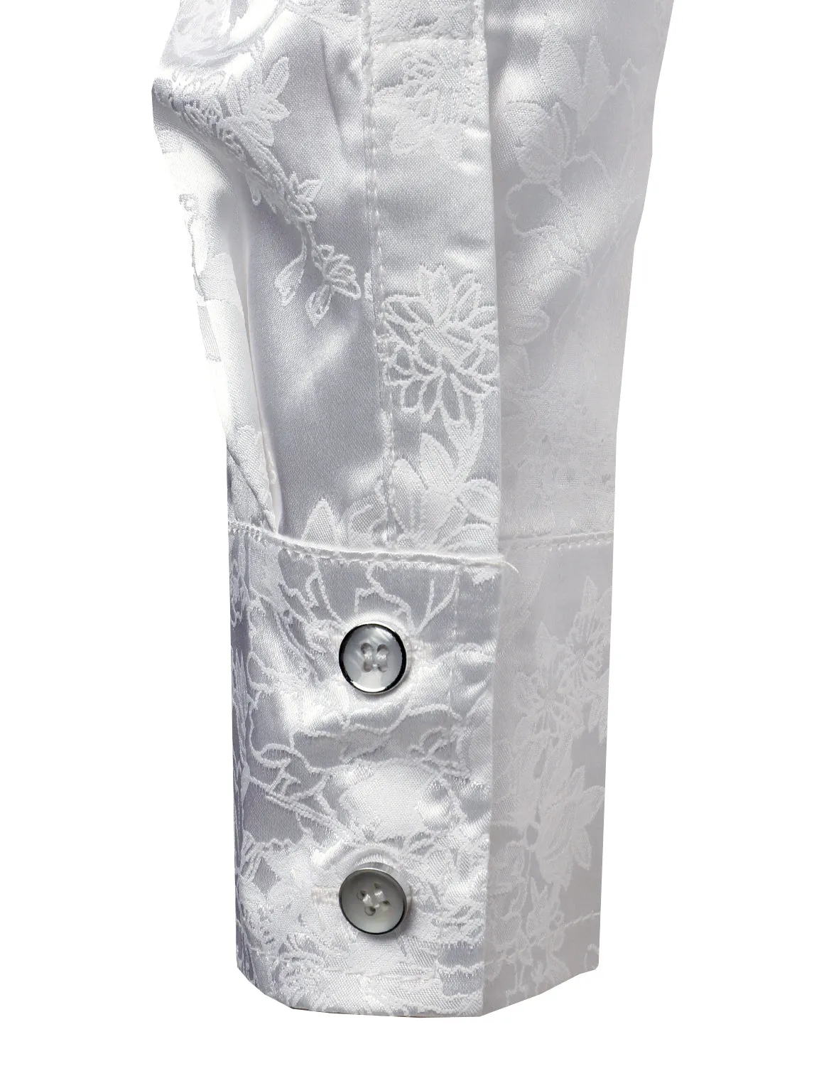 Men's Floral Jacquard Shiny Satin White Long Sleeve Button Up Dress Shirt