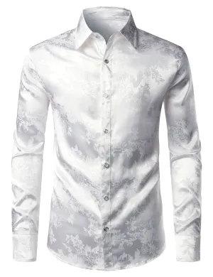 Men's Floral Jacquard Shiny Satin White Long Sleeve Button Up Dress Shirt