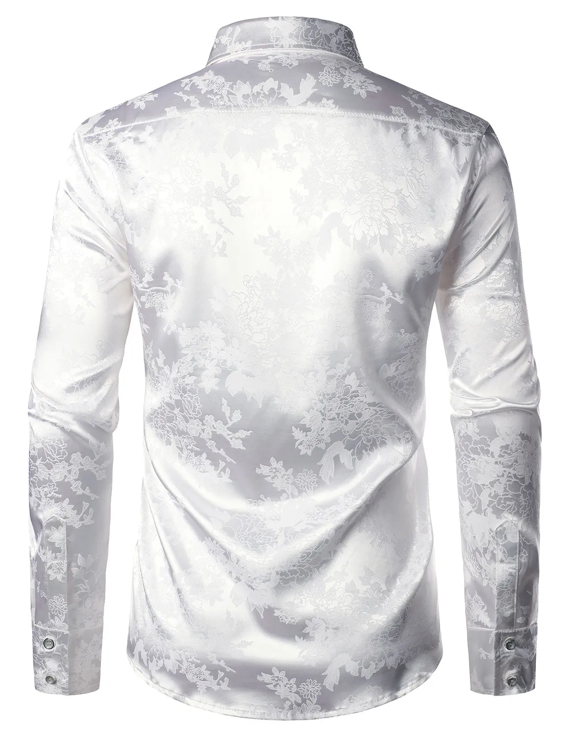 Men's Floral Jacquard Shiny Satin White Long Sleeve Button Up Dress Shirt