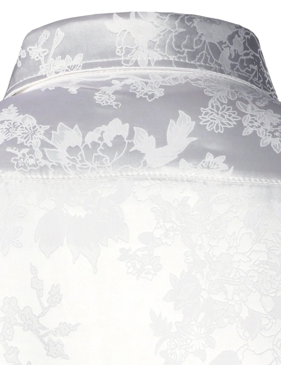 Men's Floral Jacquard Shiny Satin White Long Sleeve Button Up Dress Shirt