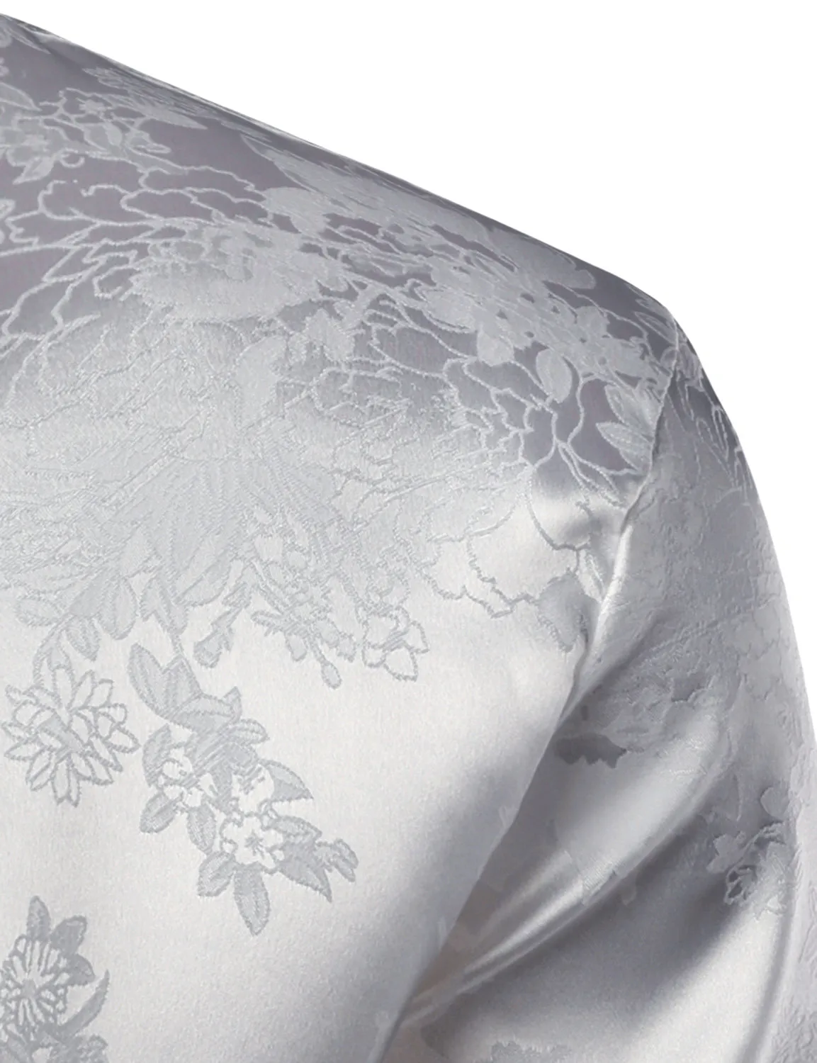 Men's Floral Jacquard Shiny Satin White Long Sleeve Button Up Dress Shirt