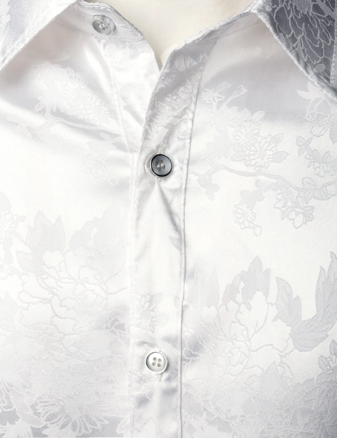Men's Floral Jacquard Shiny Satin White Long Sleeve Button Up Dress Shirt
