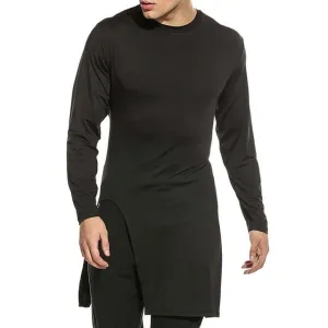 Men's Full Sleeve T Shirt Soft Elasticity Long Hem Pullover T-Shirt Side High Slit Longline Hips Tops Male Hip Pop Street wear