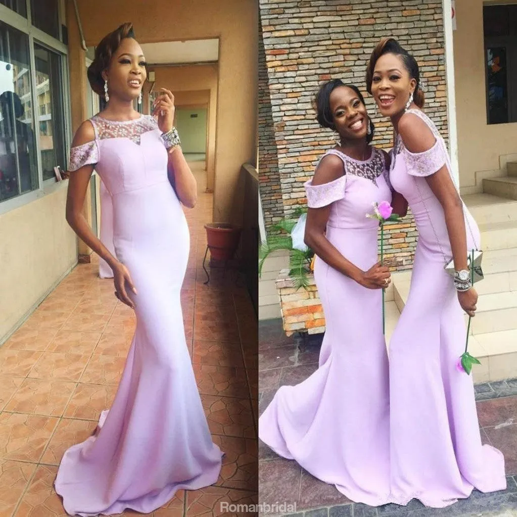 Mermaid Off Shoulder Lace Scoop Light Purple Long Bridesmaid Dress With train, BD0520