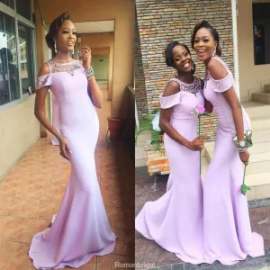 Mermaid Off Shoulder Lace Scoop Light Purple Long Bridesmaid Dress With train, BD0520