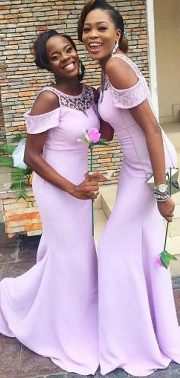 Mermaid Off Shoulder Lace Scoop Light Purple Long Bridesmaid Dress With train, BD0520
