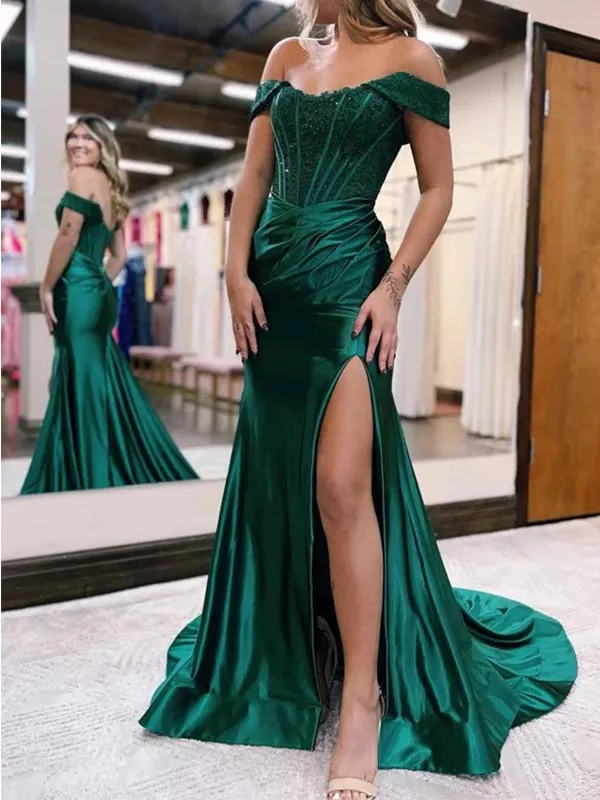 Mermaid Off Shoulder Satin Lace Long Prom Dress Formal Evening Dress, OL617