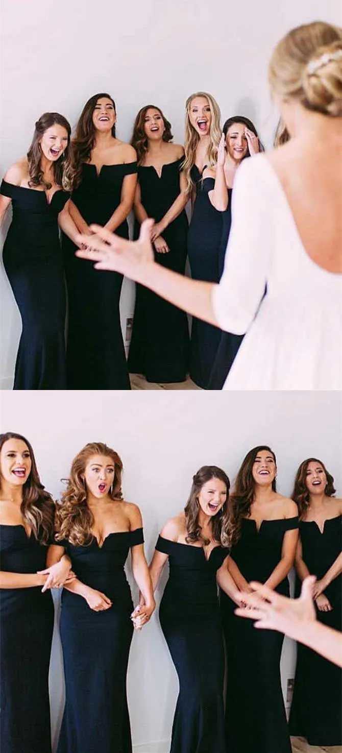 Mermaid Off-shoulder Sexy V-neck Black Long Bridesmaid Dresses, BD0591