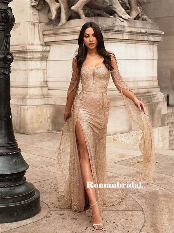 Mermaid Off-shoulder V-neck Long Prom Dresses With Split, PD0820