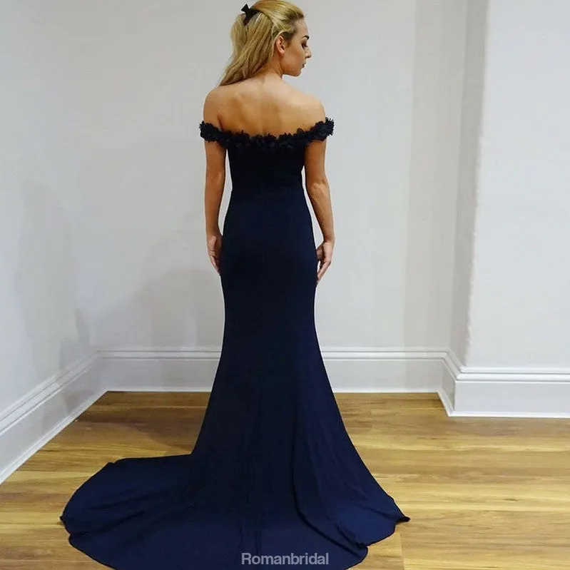 Mermaid Off-the-Shoulder Navy Blue Appliques Long Prom Dresses, PD0579