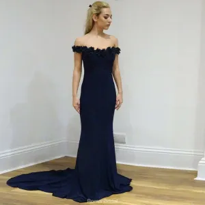Mermaid Off-the-Shoulder Navy Blue Appliques Long Prom Dresses, PD0579
