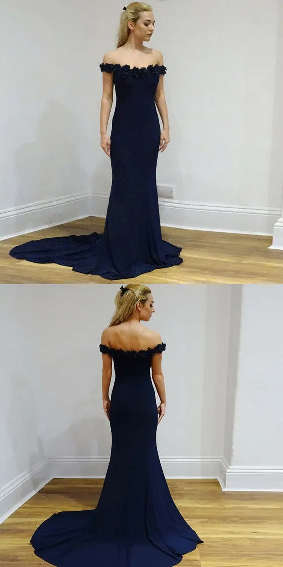 Mermaid Off-the-Shoulder Navy Blue Appliques Long Prom Dresses, PD0579
