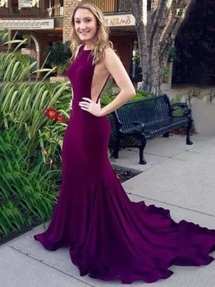 Mermaid Scoop Neck Purple V-back Long Prom Dress With Train, PD0612