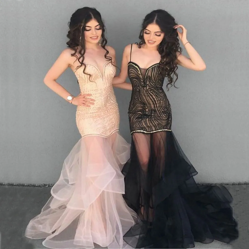 Mermaid Spaghetti Straps Floor-Length Black Tulle Tired Prom Dress,Evening Party  Dress.PDY0237