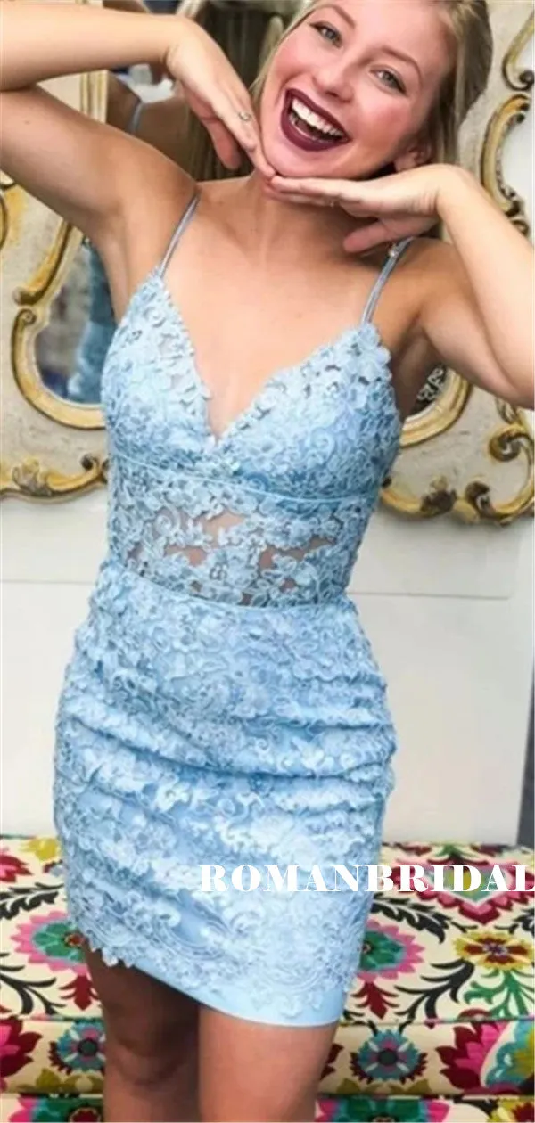 Mermaid Spaghetti Straps V-neck Blue Lace Homecoming Dresses, HD0555