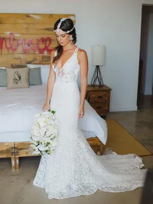 Mermaid V-neck Full Lace Wedding Dresses With Train, WD0443