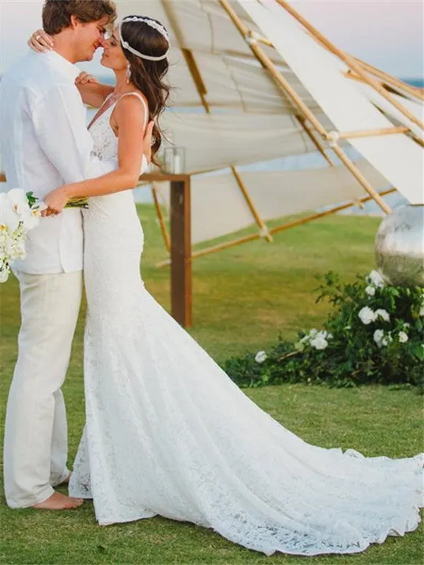 Mermaid V-neck Full Lace Wedding Dresses With Train, WD0443