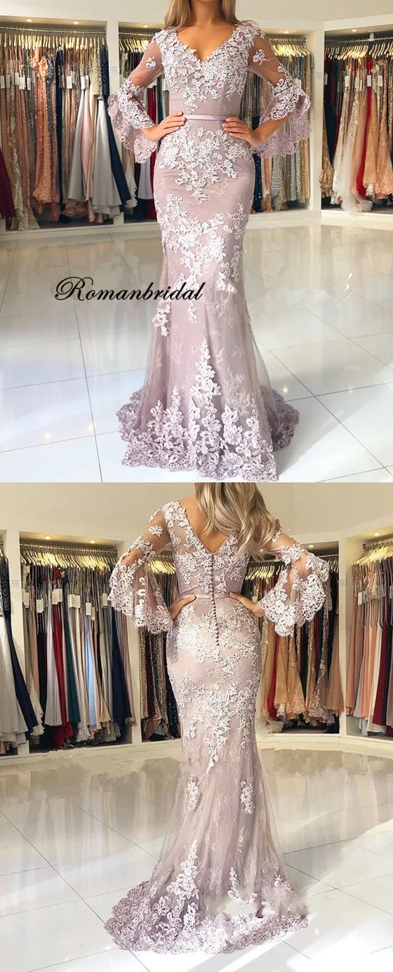 Mermaid V-neck Half Sleeves Lace Long Prom Dress, PD0626