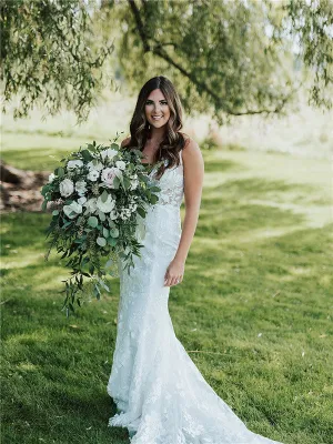 Mermaid V-neck Lace Appliques Long Wedding Dresses With Train, WD0483