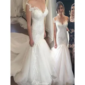 Mermaid V-neck Lace Beading Off-the-Shoulder Wedding Dresses With Train, WD0401