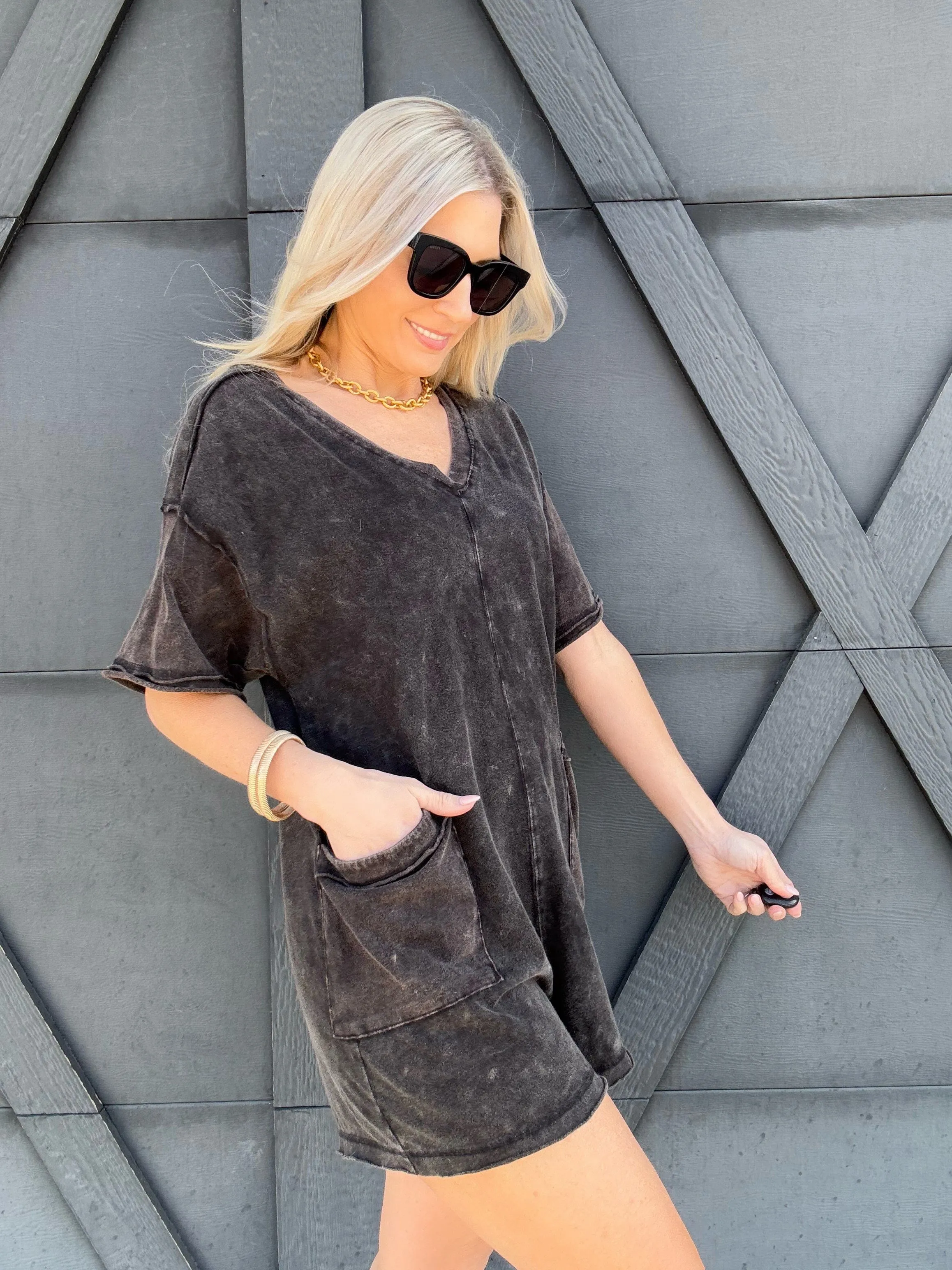 Mineral Washed Oversized Romper In Black