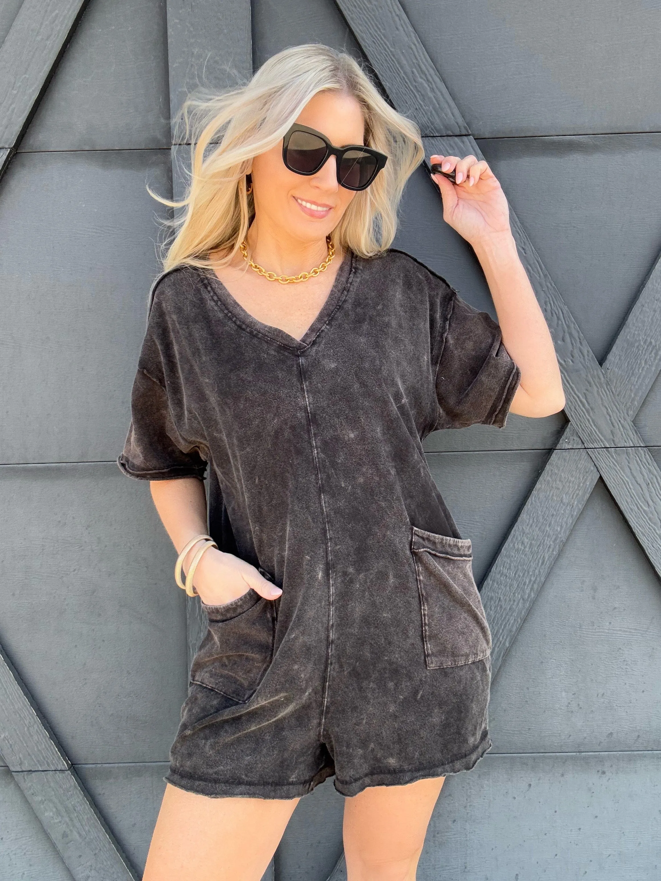 Mineral Washed Oversized Romper In Black