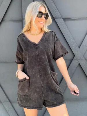 Mineral Washed Oversized Romper In Black