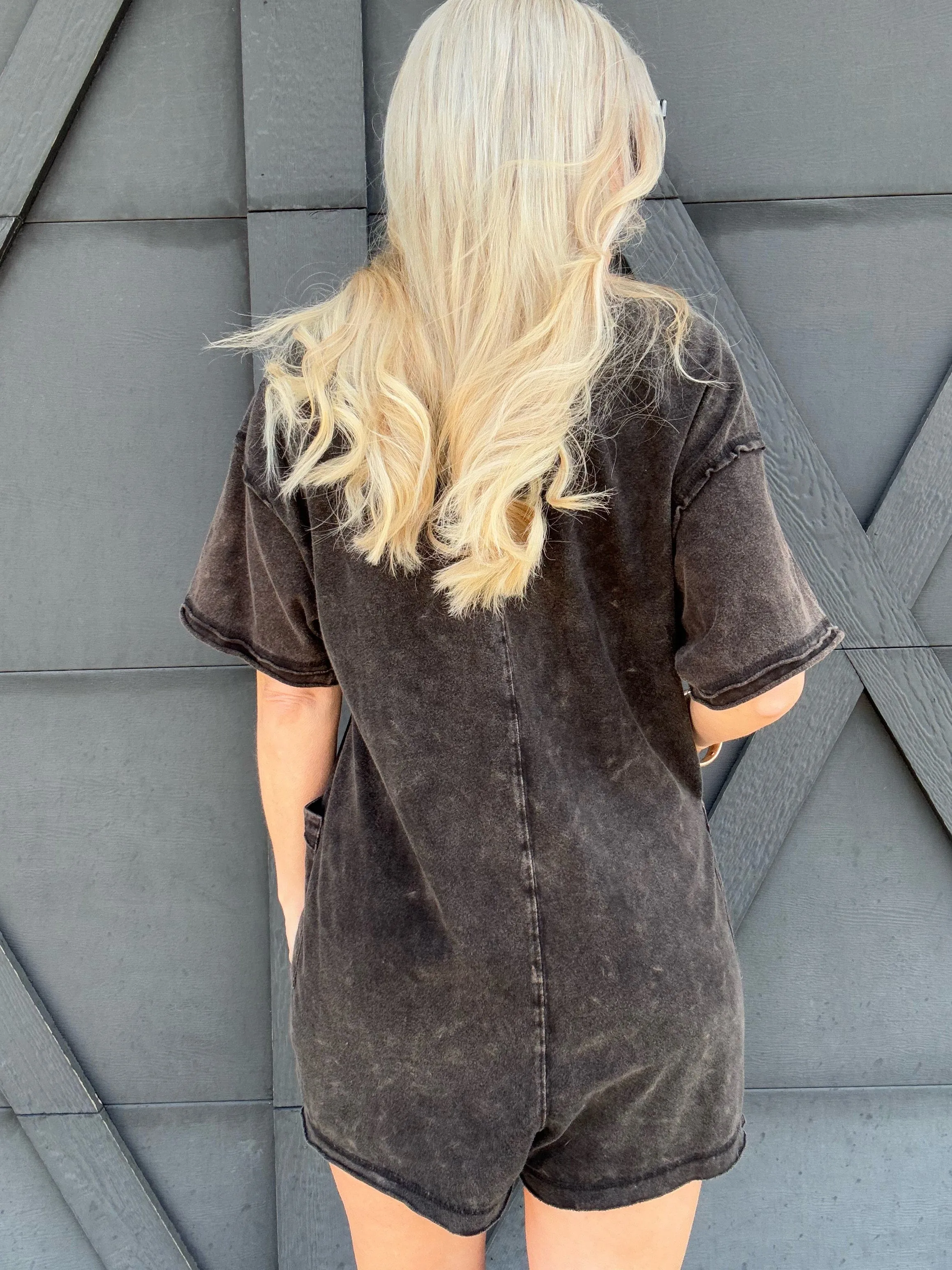Mineral Washed Oversized Romper In Black