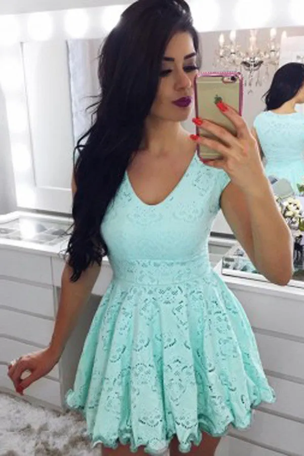 Mint Green Capped Sleeve Short Prom Dress,Hollow Lace Homecoming Dress,Party Dress SH170
